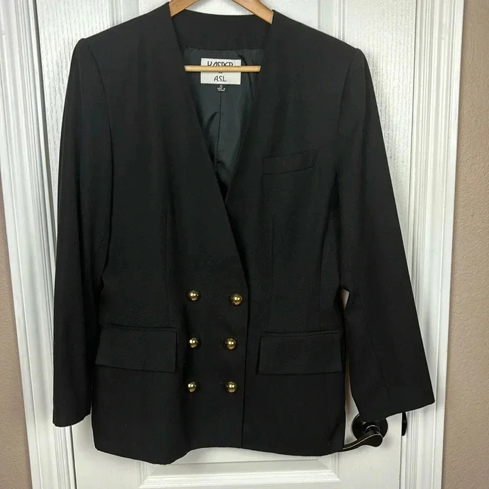 Kasper for ASL Women's Vtg Double-Breasted Blazer‎ Black W/Shoulder Pads Size12